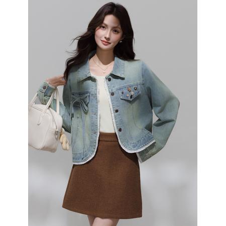 FA46183# 春秋季新款牛仔外套女小个子港风复古设计感花边短款外套 服裝批發女裝批發服飾貨源