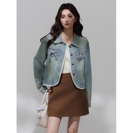 FA46183# 春秋季新款牛仔外套女小个子港风复古设计感花边短款外套 服裝批發女裝批發服飾貨源