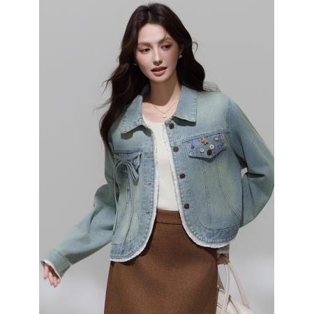 FA46183# 春秋季新款牛仔外套女小个子港风复古设计感花边短款外套 服裝批發女裝批發服飾貨源