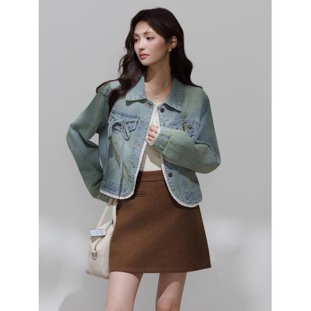FA46183# 春秋季新款牛仔外套女小个子港风复古设计感花边短款外套 服裝批發女裝批發服飾貨源