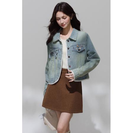 FA46183# 春秋季新款牛仔外套女小个子港风复古设计感花边短款外套 服裝批發女裝批發服飾貨源