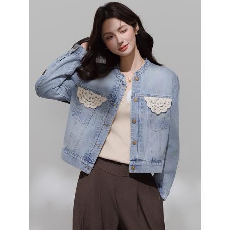 春秋季新款港风复古花边短款牛仔外套女洋气修身显瘦休闲夹克 服裝批發女裝批發服飾貨源