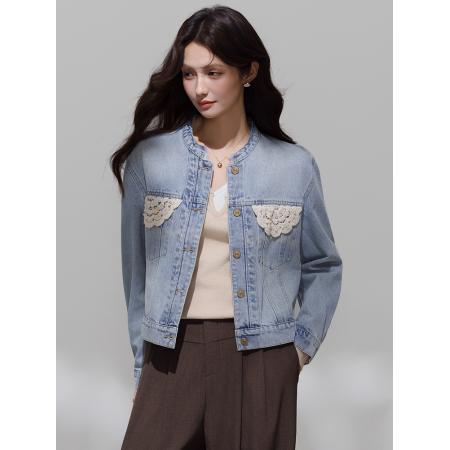 FA46184# 春秋季新款港风复古花边短款牛仔外套女洋气修身显瘦休闲夹克 服裝批發女裝批發服飾貨源