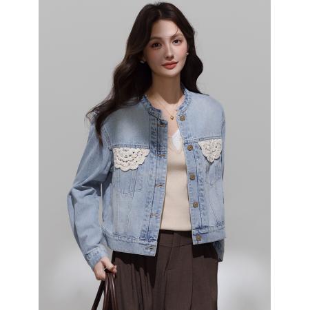 FA46184# 春秋季新款港风复古花边短款牛仔外套女洋气修身显瘦休闲夹克 服裝批發女裝批發服飾貨源