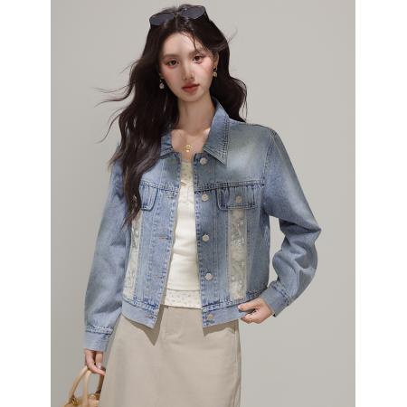 FA46186# 小香风牛仔外套女春秋款新款韩版宽松蕾丝拼接夹克潮 服裝批發女裝批發服飾貨源