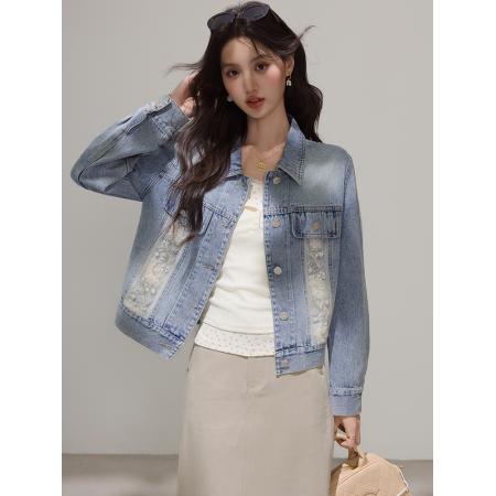 FA46186# 小香风牛仔外套女春秋款新款韩版宽松蕾丝拼接夹克潮 服裝批發女裝批發服飾貨源