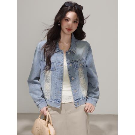 FA46186# 小香风牛仔外套女春秋款新款韩版宽松蕾丝拼接夹克潮 服裝批發女裝批發服飾貨源