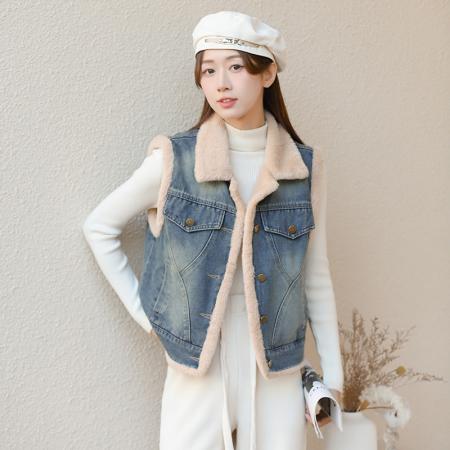 FA46187# 加绒加厚保暖宽松时尚小个子设计感潮流牛仔新款棉马甲女 服裝批發女裝批發服飾貨源