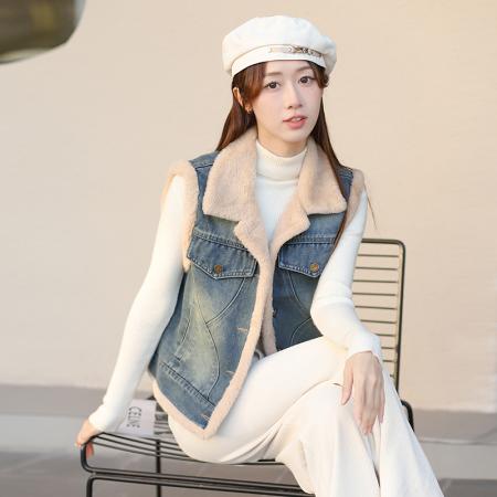 FA46187# 加绒加厚保暖宽松时尚小个子设计感潮流牛仔新款棉马甲女 服裝批發女裝批發服飾貨源