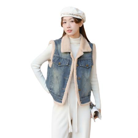 FA46187# 加绒加厚保暖宽松时尚小个子设计感潮流牛仔新款棉马甲女 服裝批發女裝批發服飾貨源