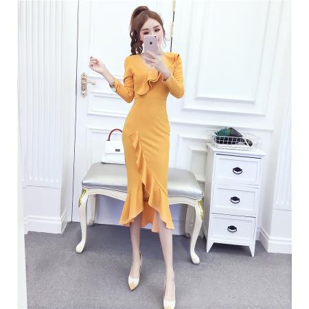 秋冬时尚气质v领荷叶边礼服长裙不规则包臀连衣裙 服裝批發女裝批發服飾貨源