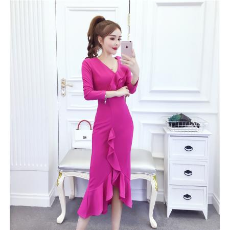 秋冬时尚气质v领荷叶边礼服长裙不规则包臀连衣裙 服裝批發女裝批發服飾貨源