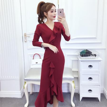 秋冬时尚气质v领荷叶边礼服长裙不规则包臀连衣裙 服裝批發女裝批發服飾貨源