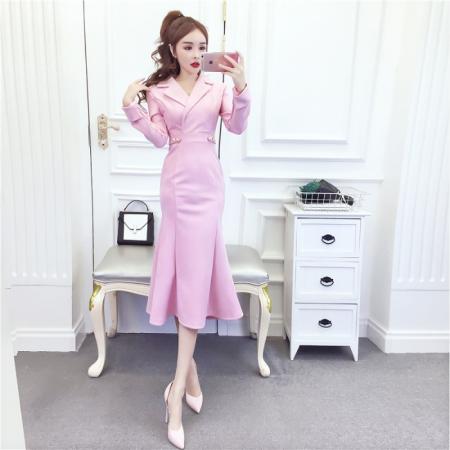 秋冬时尚网红气质鹿皮绒礼服长裙翻领显瘦包臀连衣裙 服裝批發女裝批發服飾貨源