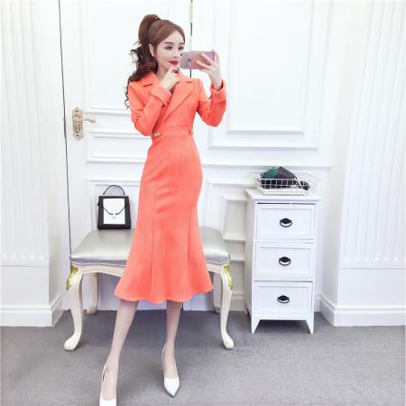 秋冬时尚网红气质鹿皮绒礼服长裙翻领显瘦包臀连衣裙 服裝批發女裝批發服飾貨源