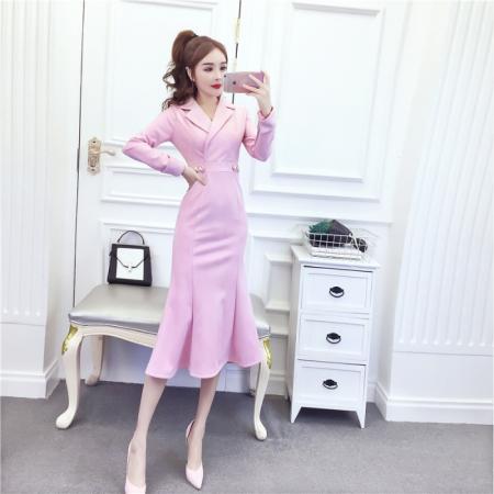 秋冬时尚网红气质鹿皮绒礼服长裙翻领显瘦包臀连衣裙 服裝批發女裝批發服飾貨源