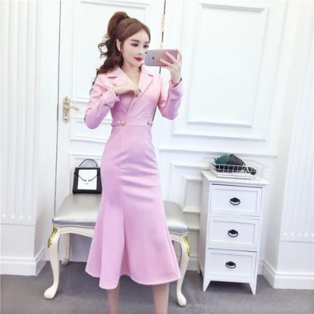 秋冬时尚网红气质鹿皮绒礼服长裙翻领显瘦包臀连衣裙 服裝批發女裝批發服飾貨源