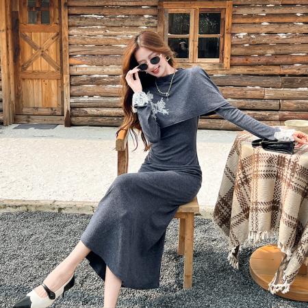 FA46192# 绣影格调早秋修身连衣裙刺绣披肩包臀鱼尾针织裙长裙 服裝批發女裝批發服飾貨源