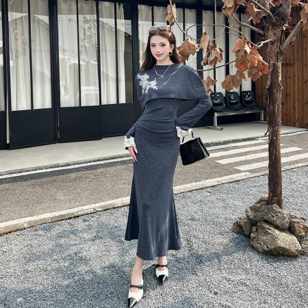 FA46192# 绣影格调早秋修身连衣裙刺绣披肩包臀鱼尾针织裙长裙 服裝批發女裝批發服飾貨源