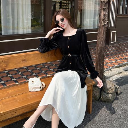 FA46193# 珍珠少女拼接设计通勤小众名媛收腰连衣裙 服裝批發女裝批發服飾貨源