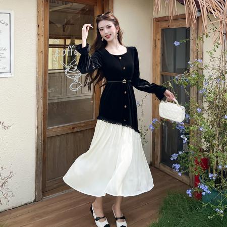 FA46193# 珍珠少女拼接设计通勤小众名媛收腰连衣裙 服裝批發女裝批發服飾貨源