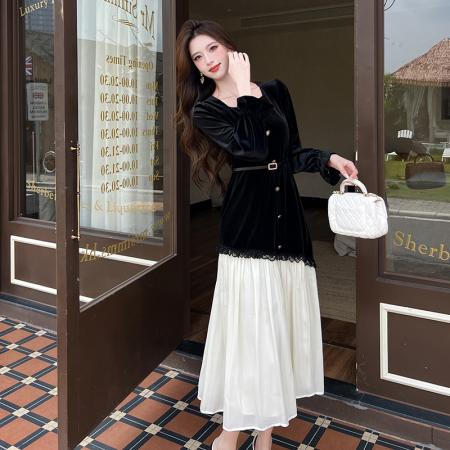 FA46193# 珍珠少女拼接设计通勤小众名媛收腰连衣裙 服裝批發女裝批發服飾貨源