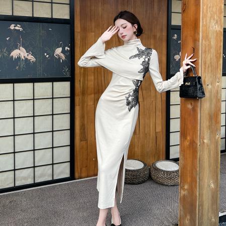 FA46194# 秋枫叙新中式针织连衣裙女早秋法式斗篷披肩长袖旗袍长裙 服裝批發女裝批發服飾貨源