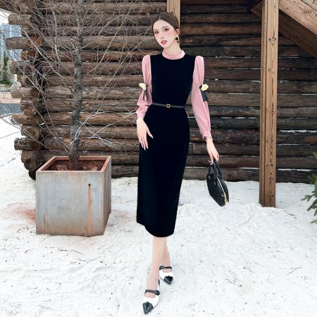 黑粉玫瑰法式千金风长裙秋假两件黑丝绒连衣裙 服裝批發女裝批發服飾貨源