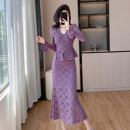 V领喇叭袖时尚上衣鱼尾半身裙时髦两件套套装  服裝批發女裝批發服飾貨源