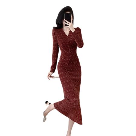 FA46198# 新款时尚优雅套装裙女人味V领蕾丝衫鱼尾半身裙 服裝批發女裝批發服飾貨源