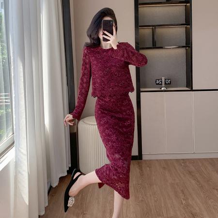 FA46199# 新款气质蕾丝上衣显瘦包臀裙两件套连衣裙 服裝批發女裝批發服飾貨源
