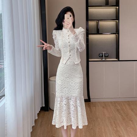 法式高级感时尚套装蕾丝上衣高腰半身裙两件套 服裝批發女裝批發服飾貨源