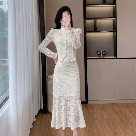 FA46200# 法式高级感时尚套装蕾丝上衣高腰半身裙两件套 服裝批發女裝批發服飾貨源