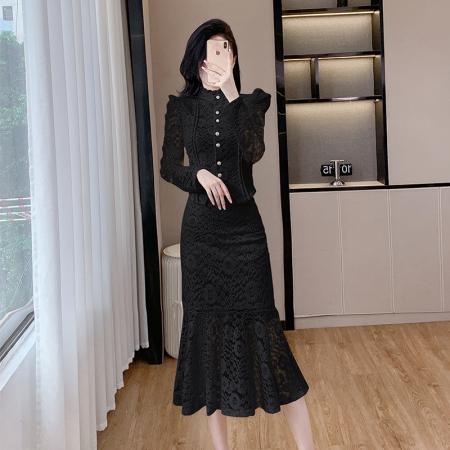 FA46200# 法式高级感时尚套装蕾丝上衣高腰半身裙两件套 服裝批發女裝批發服飾貨源