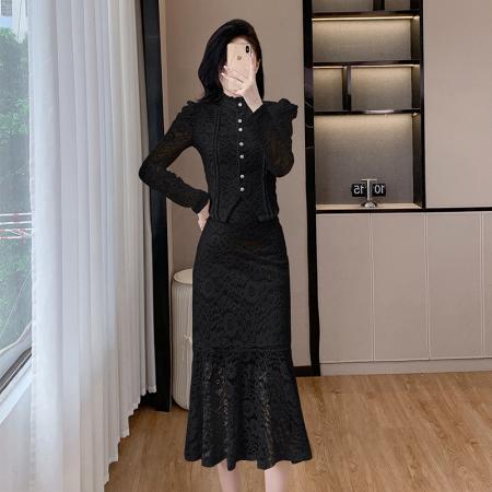 FA46200# 法式高级感时尚套装蕾丝上衣高腰半身裙两件套 服裝批發女裝批發服飾貨源