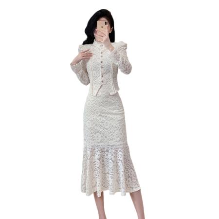 FA46200# 法式高级感时尚套装蕾丝上衣高腰半身裙两件套 服裝批發女裝批發服飾貨源