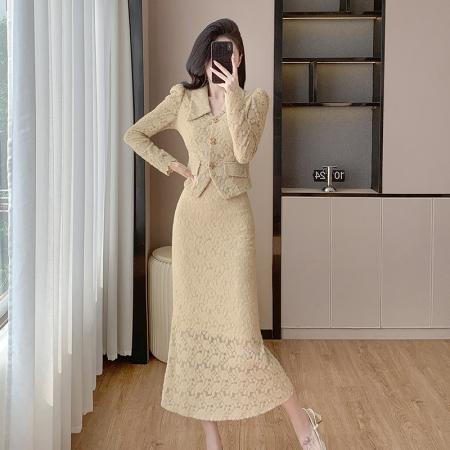 FA46201# 秋款气质时尚连衣裙蕾丝小香风上衣半身裙两件套 服裝批發女裝批發服飾貨源