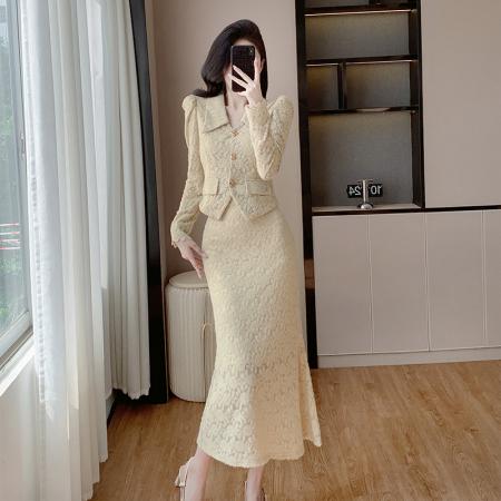 FA46201# 秋款气质时尚连衣裙蕾丝小香风上衣半身裙两件套 服裝批發女裝批發服飾貨源