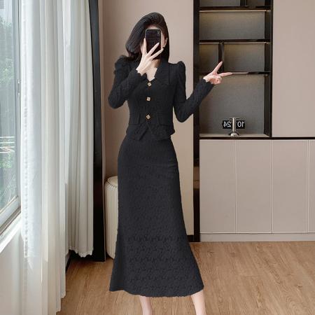 FA46201# 秋款气质时尚连衣裙蕾丝小香风上衣半身裙两件套 服裝批發女裝批發服飾貨源