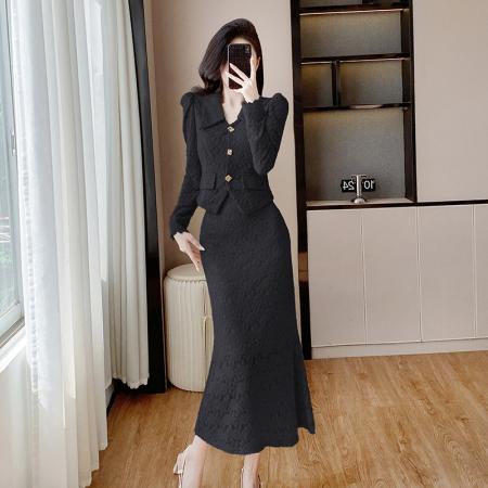 FA46201# 秋款气质时尚连衣裙蕾丝小香风上衣半身裙两件套 服裝批發女裝批發服飾貨源