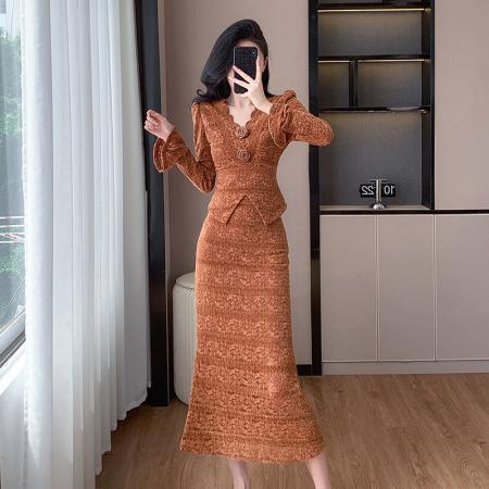 FA46202# 提花蕾丝上衣高腰半身裙两件套时尚洋气套装 服裝批發女裝批發服飾貨源