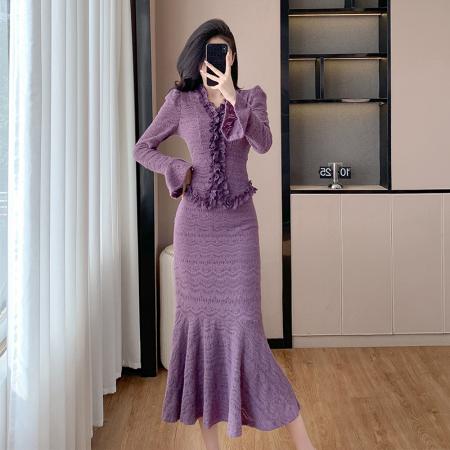 名媛V领长袖木耳边蕾丝小衫修身性感半身裙套装 服裝批發女裝批發服飾貨源