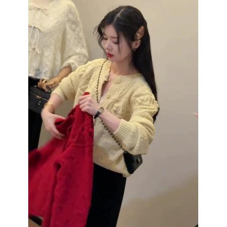 LN76354# 红色针织开衫女新款秋季毛衣时尚洋气高级感穿搭时髦毛衣外套