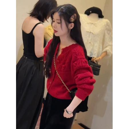 LN76354# 红色针织开衫女新款秋季毛衣时尚洋气高级感穿搭时髦毛衣外套