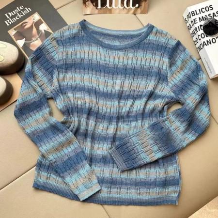 LN76355# 条纹针织衫女新款春秋内搭显瘦打底百搭薄款毛衣早秋chic上衣