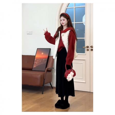 LN76356# 冬季一整套女装新款连帽毛衣无袖马甲外套百搭半身裙三件套装