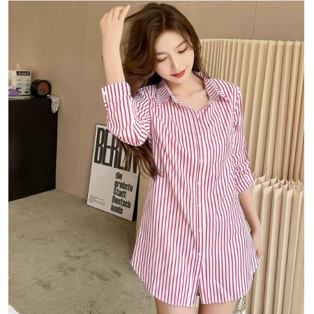 LN76358# 韩范文艺前短后长衬衣中长款竖条纹衬衫女休闲外套