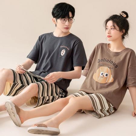 FA46212# 夏季新款7A纯棉情侣睡衣短袖短裤套头薄款女士纯棉卡通家居服套装 睡衣批发情侣家居服批发