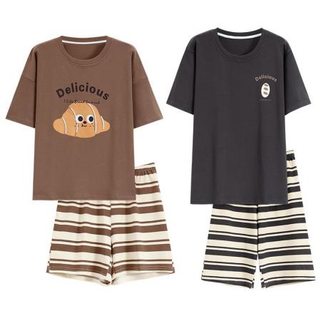 FA46212# 夏季新款7A纯棉情侣睡衣短袖短裤套头薄款女士纯棉卡通家居服套装 睡衣批发情侣家居服批发