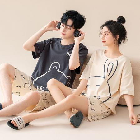 FA46213# 夏季新款7A纯棉情侣睡衣短袖短裤套头薄款女士纯棉卡通家居服套装 睡衣批发情侣家居服批发